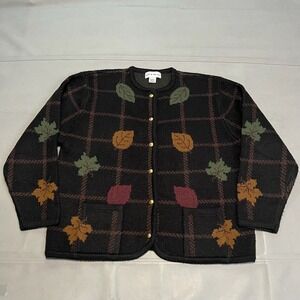 VTG Croft Barrow Grandma Fall Leaves‎ Pocket Women Cardigan Sweater L Knit-3643